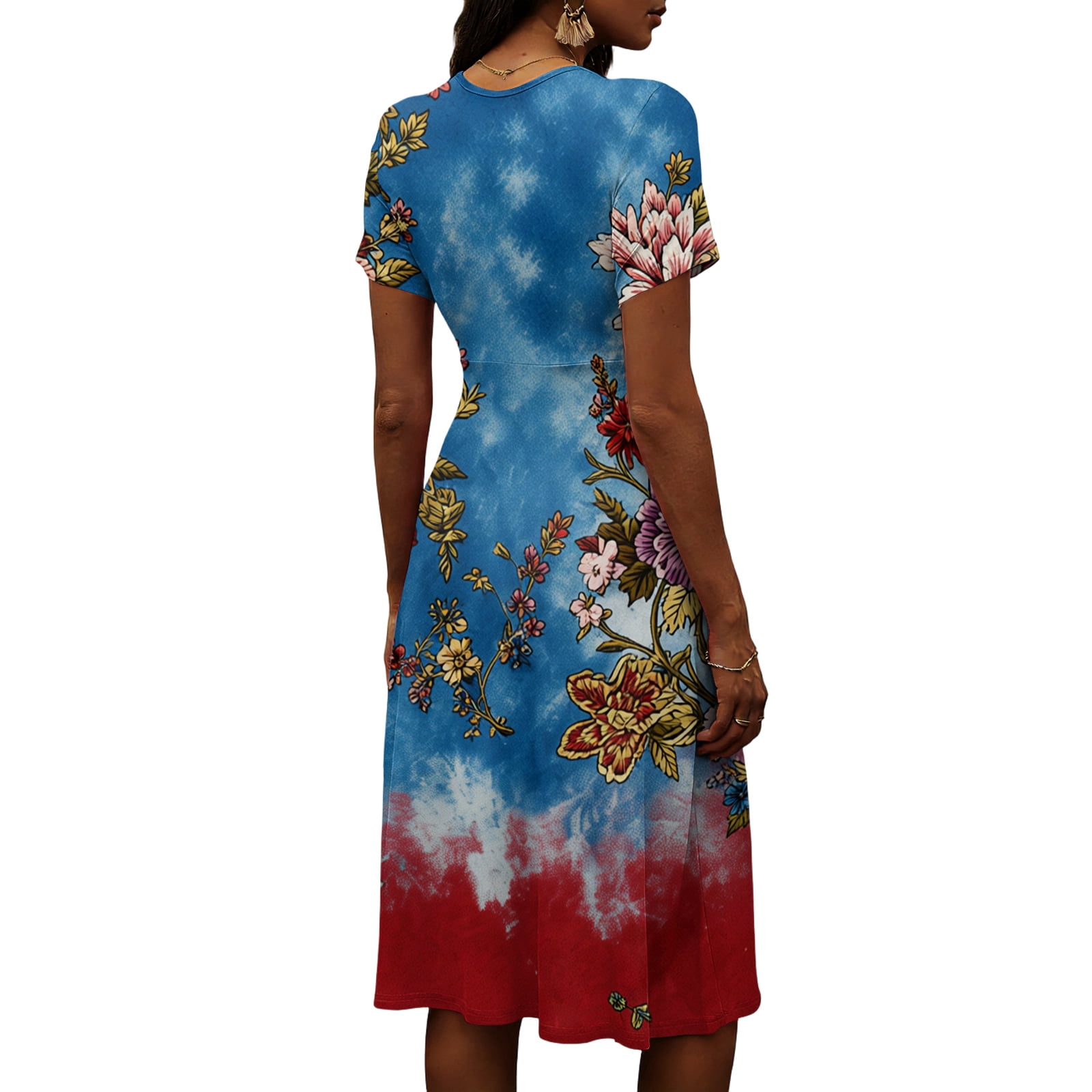 Women's America 250th Dresses Red White and Blue Print Deep V Neck Dress Short Sleeve Midi Summer Long Dresses