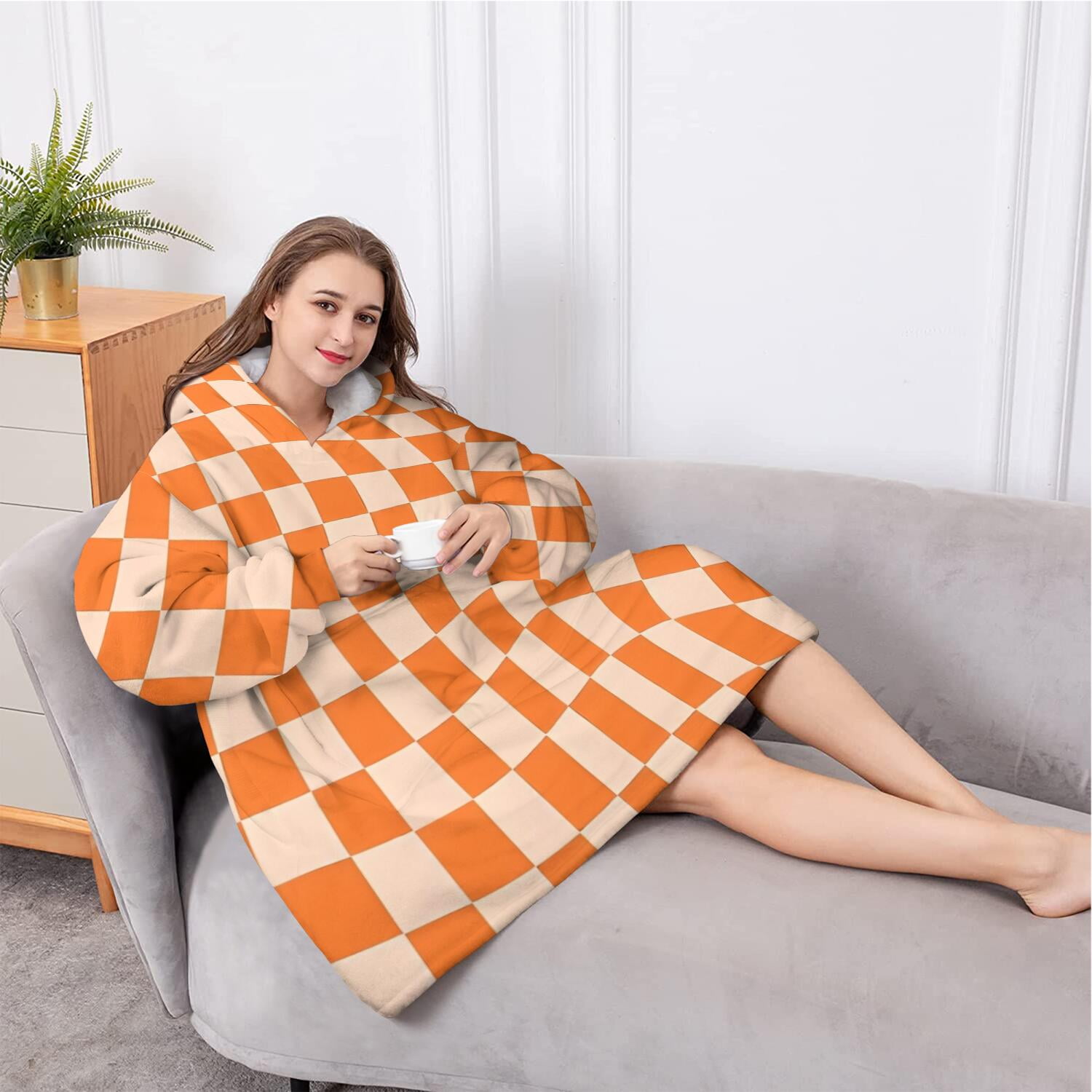 Oversized Wearable Blanket Hoodie,Orange and White Wavy Checkerboard Pattern Sherpa Blanket Hoodie with Super Pockets,Super Warm Fuzzy Pullover for Women & Men