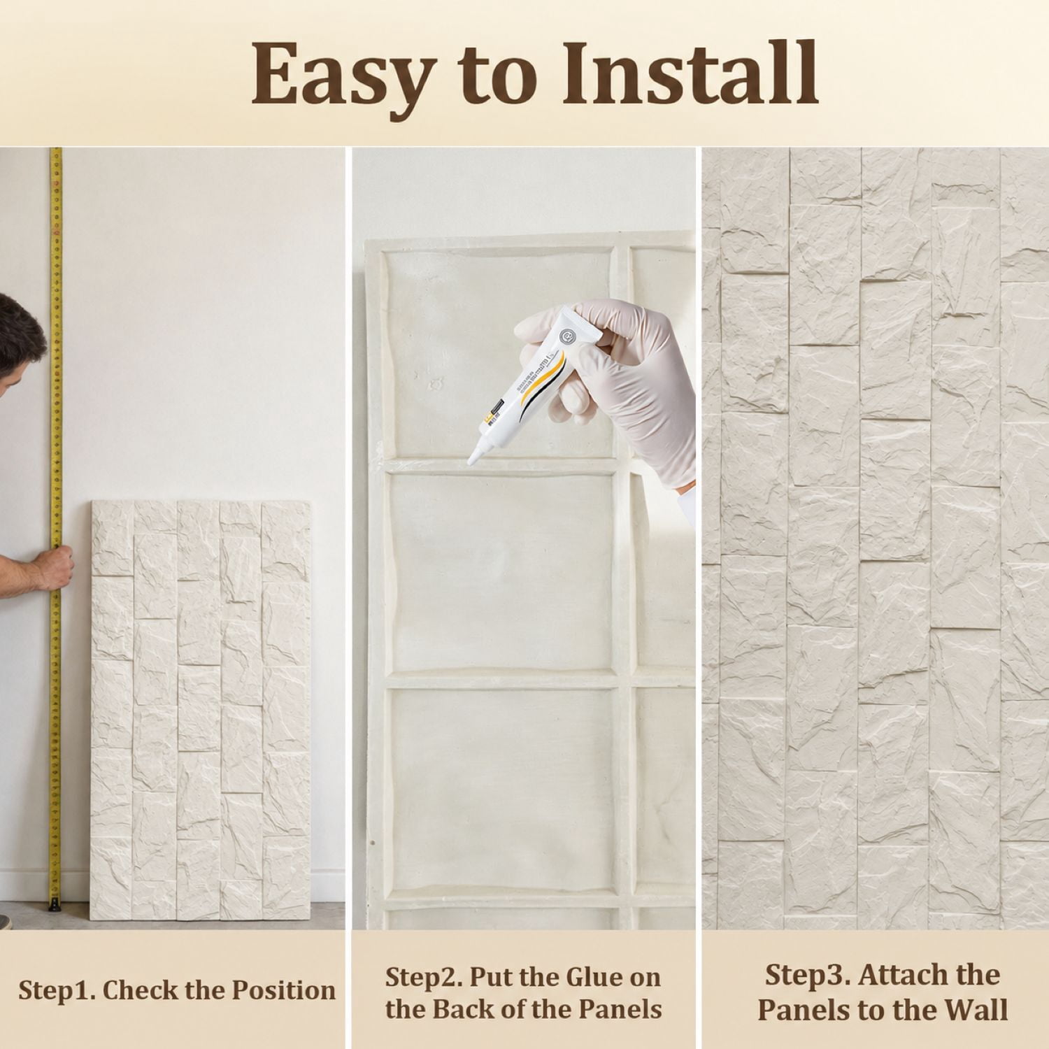 Easy4Home 4Pcs 48"x24" 3D Faux Stone Wall Panels Imitation Decorative Wall Tiles for Interior Wall Decor, Ivory White