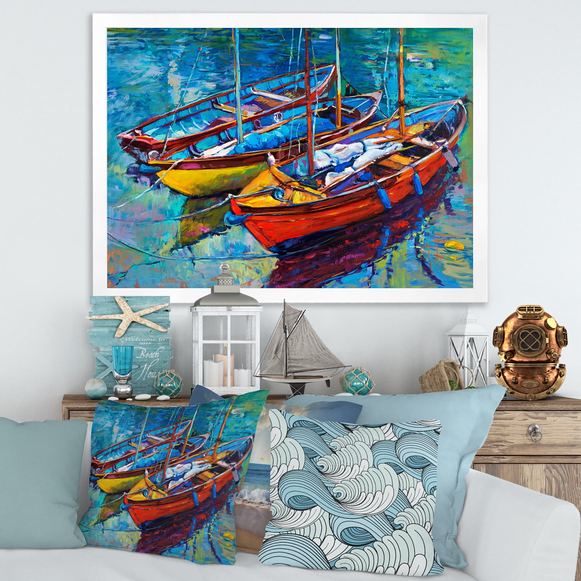 Designart 'Three Colorful Boats In The Harbor' Nautical & Coastal Framed Art Print