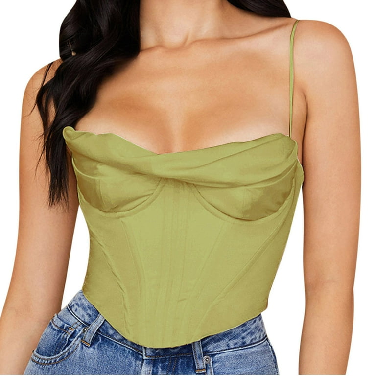 RQYYD Reduced Women's Vintage Bustier Satin Cowl Neck Boned Adjustable  Spaghetti Straps Corset Tops Sexy Casual Going Out Party Crop Top Army  Green M