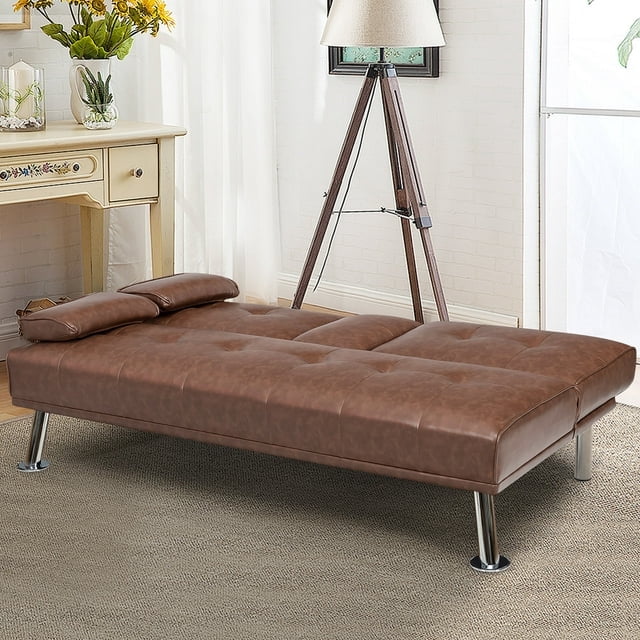 Futon Sofa Bed, Modern Faux Leather Sofa Couch with Convertible Backrest,Sleeper Sofa Couch Filled with Memory Foam for Living Room,Apartment,Bedroom