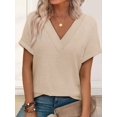 thumbnail image 6 of Womens Short Sleeve Sweater Waffle Knit Tops V Neck Spring Summer T Shirts Casual Blouses Outfits Apricot Color XL, 6 of 8