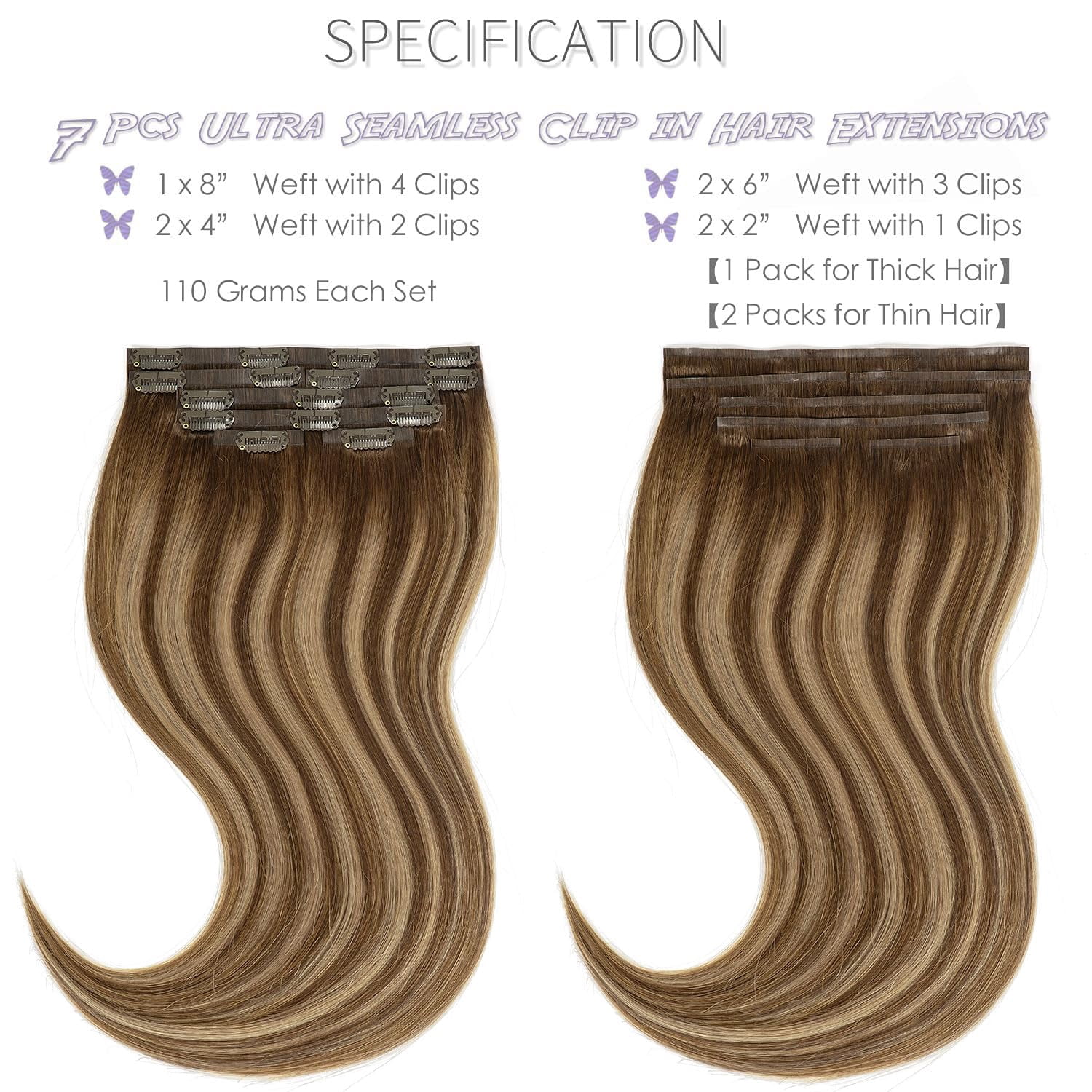 Lacer PU Clip in Hair Extensions Remy Human Hair Chocolate Brown to Caramel Blonde with Brown Roots 22 Inch Thick Remy Glam Seamless Light Hair Extensions with Skin-Weft Technology 110g 7pcs
