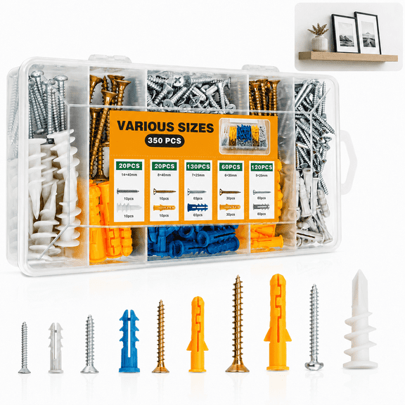 350PCS Wall Anchors Kit for Sheetrock Concrete Brick,175 Drywall Anchors and 175 Flat Head Screws, 5 Sizes Dry Wall Anchor Assortment Set