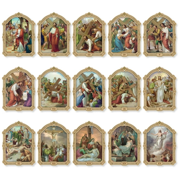 Stations Of The Cross Plaque Set -Small Size 2-3/4" x 3-3/4" Gold-Leaf Stamped Print (set of 16)