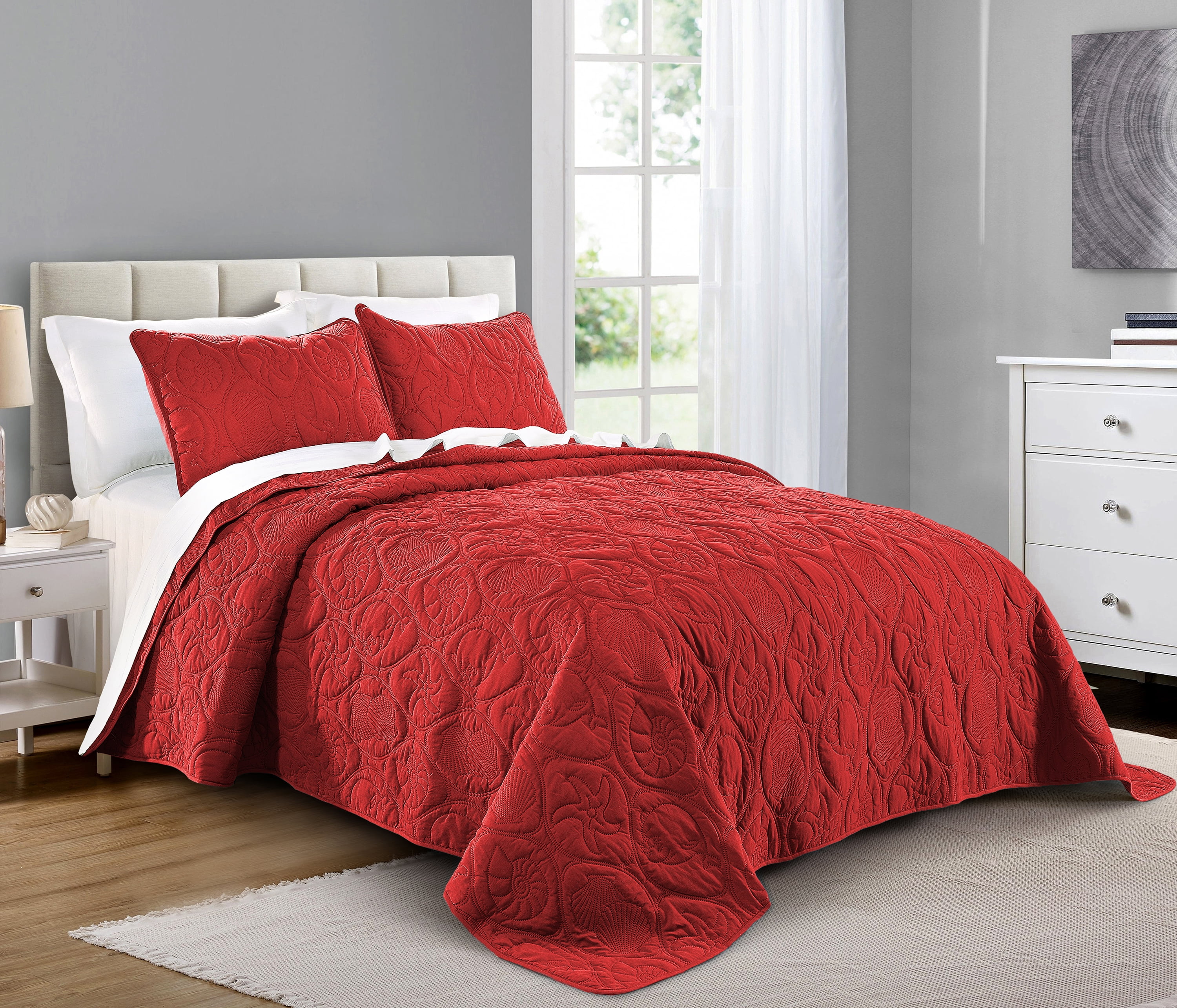 Quilt Set Full/Queen Size Burgundy Oversized Bedspread Soft