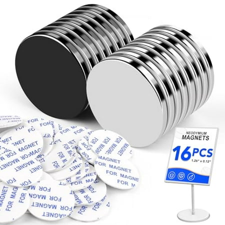 Strong Magnets, Super Strong Round Magnets, 16Pack Magnet for Fridge, Magnet with Adhesive Backing for Office, Science,Whiteboard, DIY-1.26 inch x 1/8 inch (8 Black, 8 Silver)