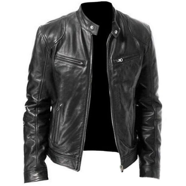 Chaqueta de motociclista de cuero sintético para hombre con cremallera