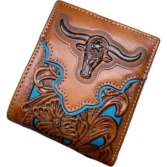 Western Stakes Mens Wallet Floral Longhorn Embossed Cowboy Western Leather Wallet High End Cut Out Layered Leather Style Mens Wallets Leather Bull Rider Rodeo Gifts For Men (Brown & Coffee)