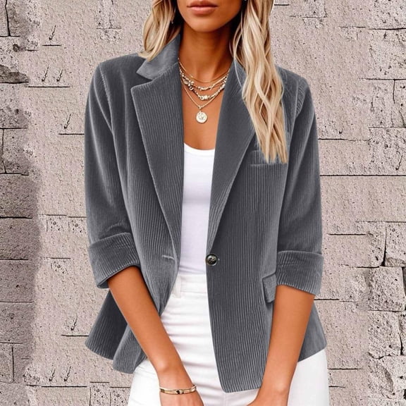 Bxsruta Jacket for Women, Women's Corduroy Notched Lapel Jacket, 3/4 Sleeve Button Front Cropped Blazer with Pocket, Smart Casual Cover Up for Business Casual