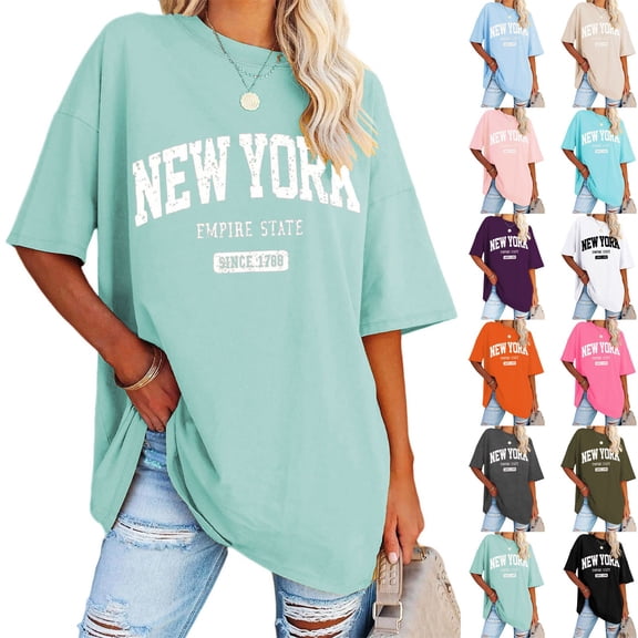Xmyrz Elbow Length Tee Shirts For Women Summer Vintage New York Letter Print Long Shirt Casual Fashion Tops