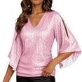 thumbnail image 2 of zaveiop Womens Sparkly Sequin Tops,3/4 Sleeve Glitter Party Dressy Blouse,V-Neck Disco Evening Club Concert Shirt (Pink, XL), 2 of 6