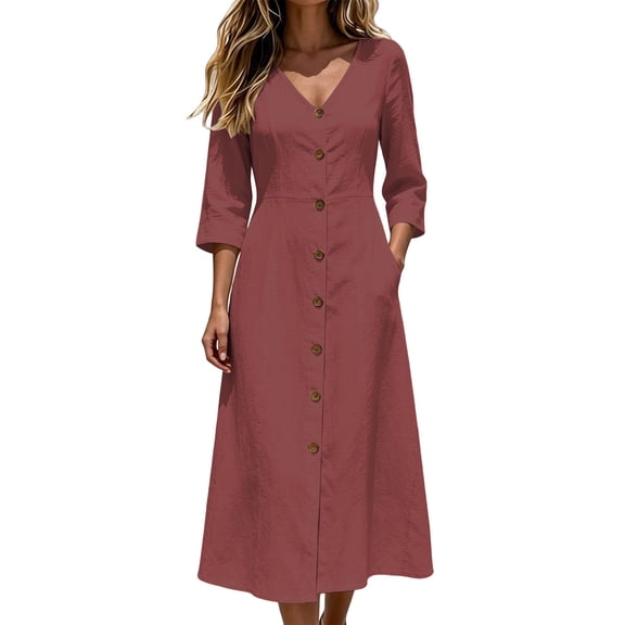 Oksale Casual Dresses for Women Sumemr Button Down V Neck Midi Cotton Linen Dress Cozy 3/4 Length Sleeve Vacation Dresses with Pockets Ladies Fall Outfits Red S