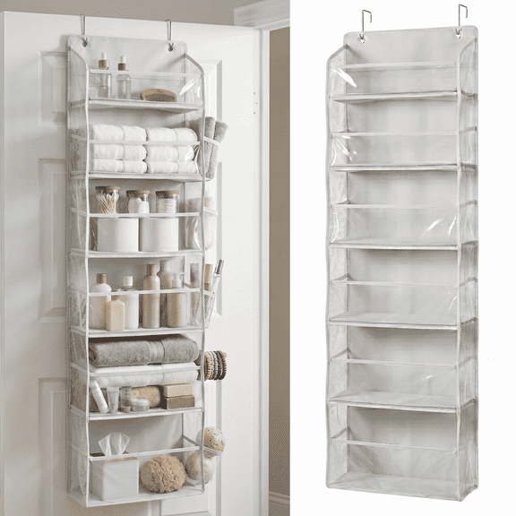 UPGRADED 6 Tiers Over The Door Organizer Hanging - 100D EXTRA THICK & 50lbs HUGE CAPACITY, 12 Side Mesh Pockets Over The Door Shoe Organizer, Hanging Closet Organizer (Transparent, 1pc)