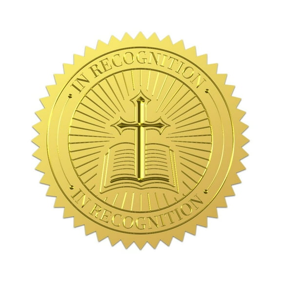 25 Sheet 100Pcs Vintage Cross Book Gold Foil Embossed Stickers 2 Inch in Recognition Self Adhesive Envelopes Seals Sticker Labels Cross and Book Gold Embossed Seals Stickers for Diplomas Certificate