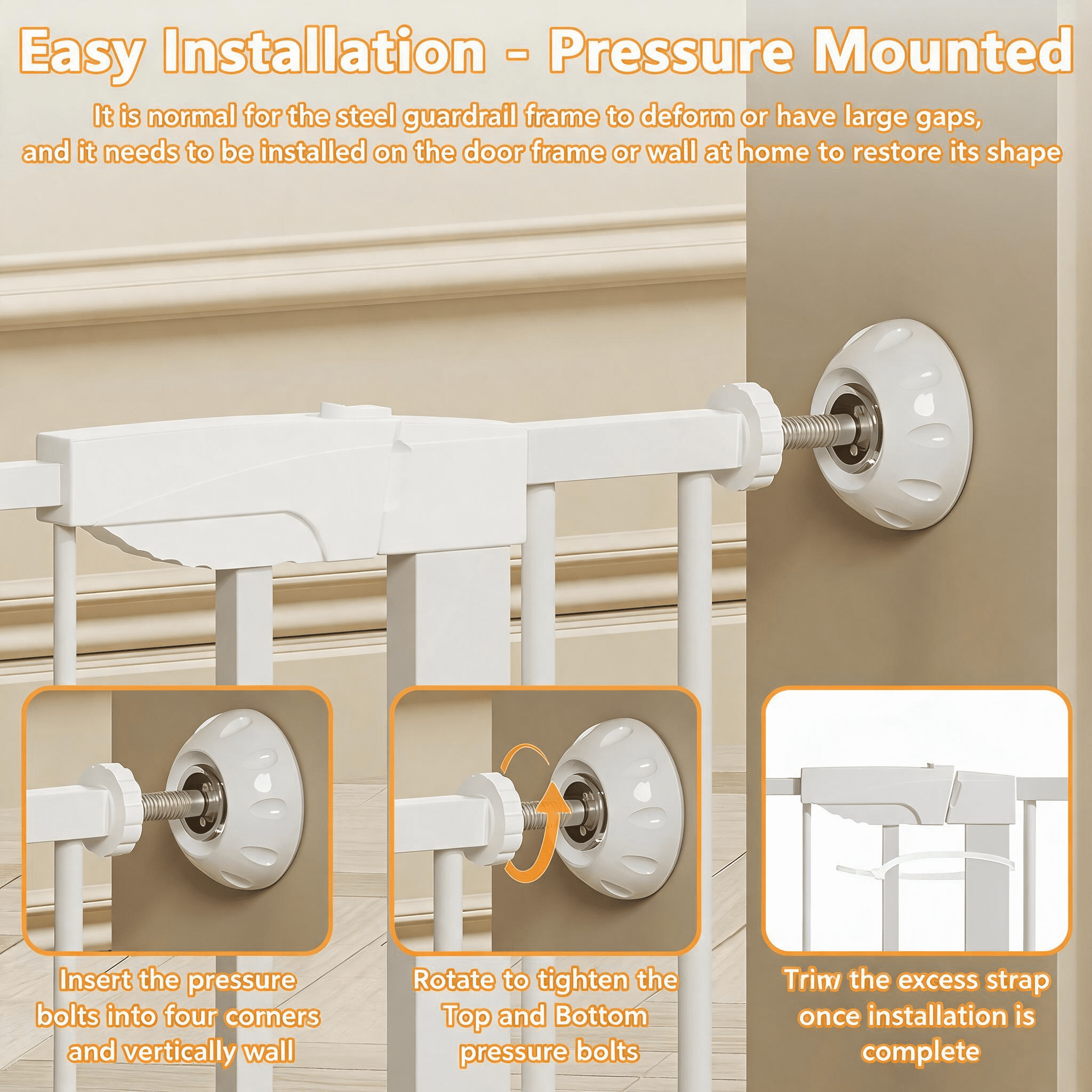29.5-45.3" Wide Baby Gate with wall protector for Stairs, Dog Gate Indoor for Doorways, No Drilling Pressure Mounted Pet Gates for Kids, Easy Walk Through Safety Gate, White