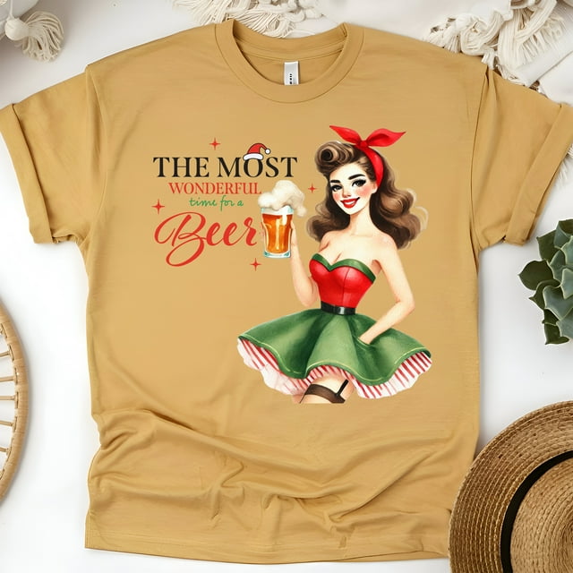 Beer Lover Graphic Tee | Retro Pin-Up Girl Funny Drinking T-Shirt, Gold, Size M