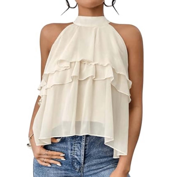 ClodeEU Women's Chiffon Halter Neck Tank Top ,Layered Ruffle Hem Sleeveless Blouse Flowy Tank Tops Beige,Womens Plus XL
