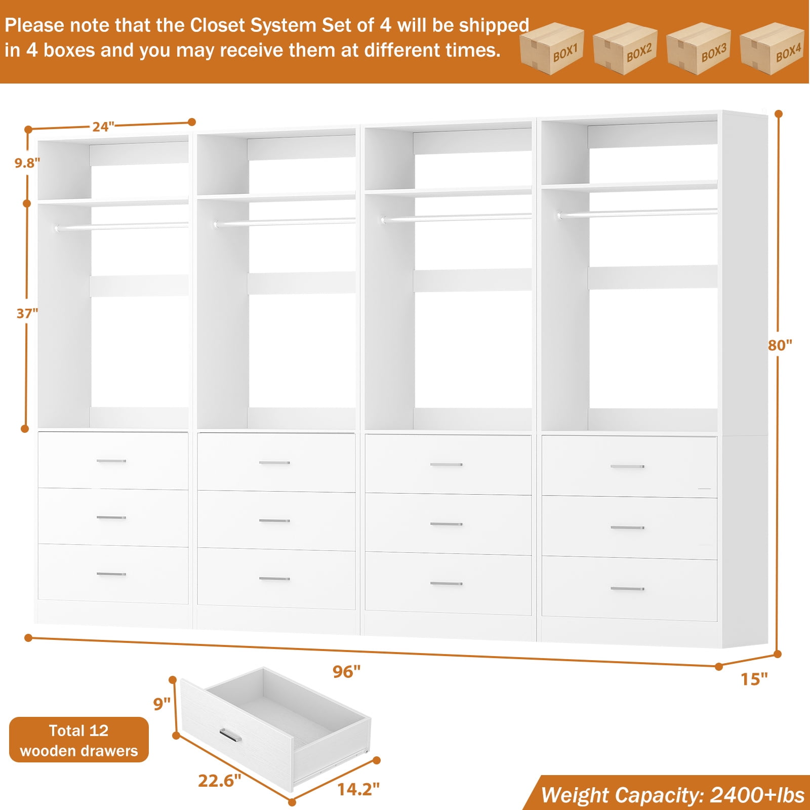 Homieasy 8FT (96 Inch) Closet Organizer System,Set of 4 - 12 Wood Drawers, 4 Hanging Rods & 4 Shelves, Heavy Duty Walk-in Closet Storage, White