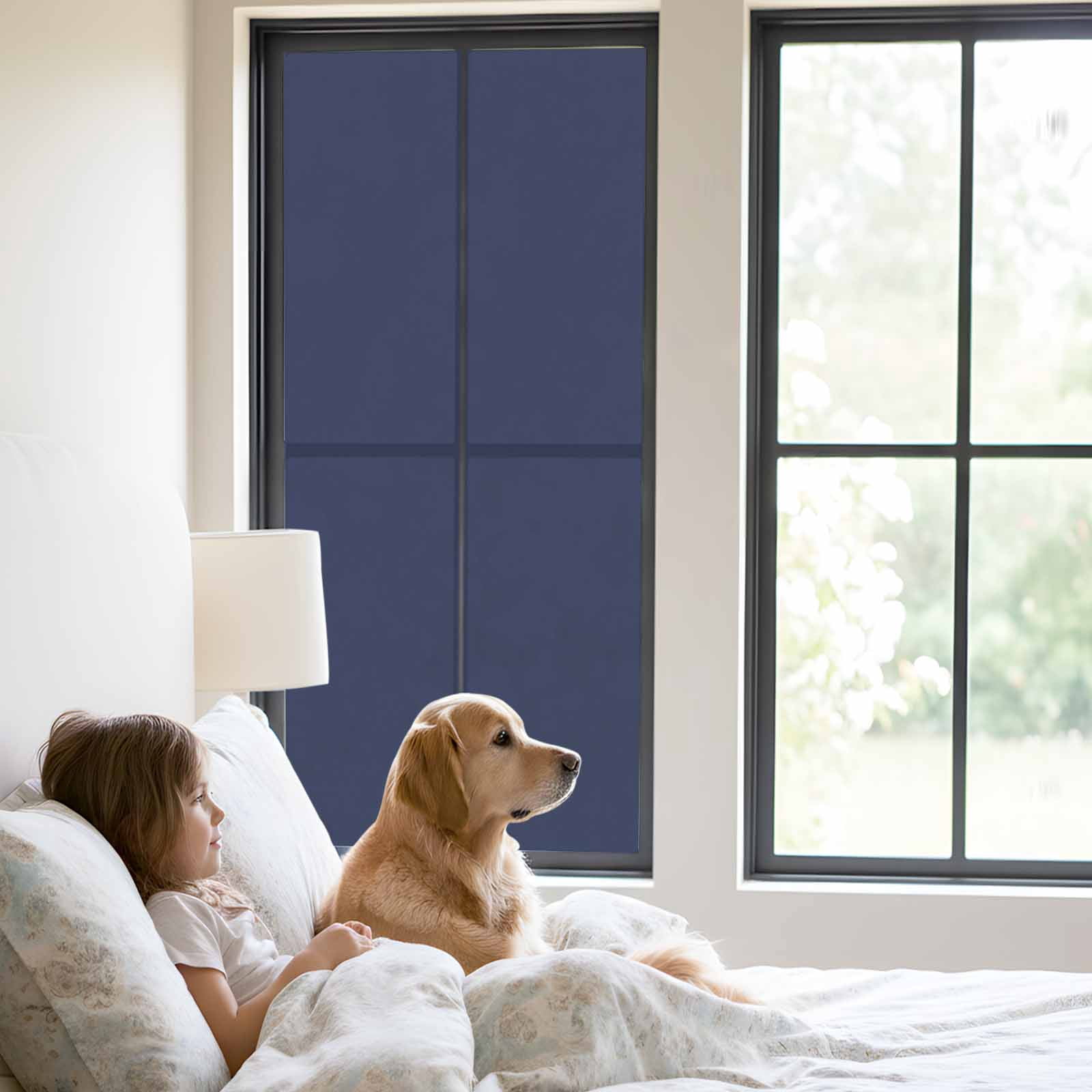 Pure Dark Blue Window Privacy Film, Simple Solid Color Static Cling UV Sun Blocking Heat Control Window Tint Day and Night, Non-Adhesive Reusable One Way Windows Privacy Cover 23.6''x59''