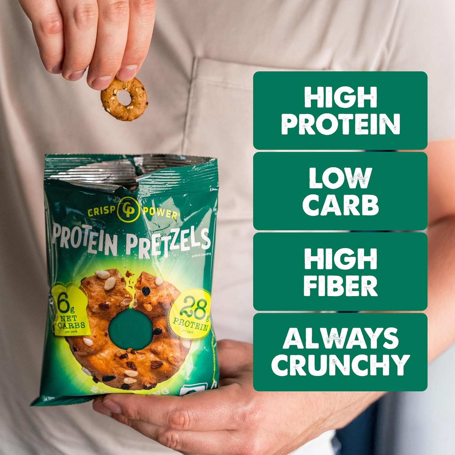 CRISP POWER Protein Pretzels, Variety Pack With Sea Salt, Sesame, & Everything, Up To 28G Protein, High Protein Snack, High Fiber, Low Carb Crunchy Pretzel Snacks, No Added Sugar, 1.75 oz Bags, 6 Pac