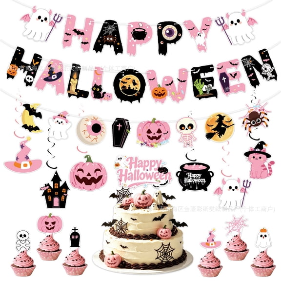 Halloween Party Decorations, Pink Spooky Hanging Swirl Decorations, Cute Ghost Eyeballs Pumpkin Foil Swirls Ceiling for Summerween Party Decor Birthday
