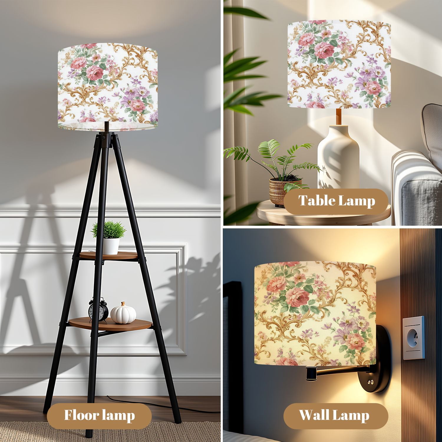 Linen Drum Lamp Shades Vintage Floral Baroque Pink Purple Flowers White 13" x 13" x 10" Lampshade for Table Lamps Floor Lamps Lamp Shade Replacement Easy Assembly Required
