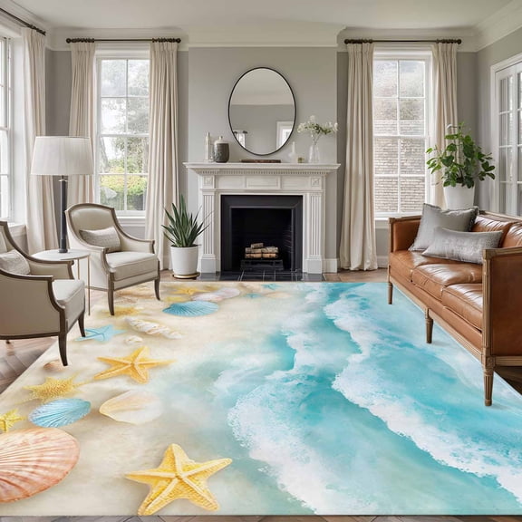 6x9 Area Rugs for Living Room, Blue Summer Beach Non Slip Area Rugs for Kitchen Bedroom Entryway, Coastal Starfish Shell Washable Carpet Runner Rug Floor Mats for Bedroom Home Decor Nautical Ocean