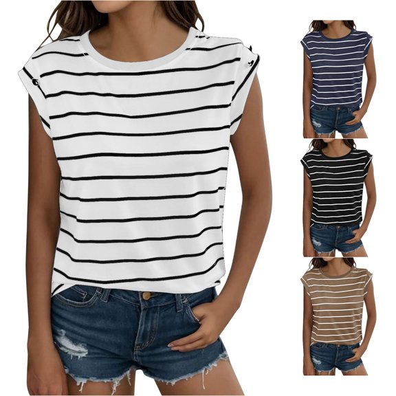HCYSFG Womens Striped Tank Tops Crewneck Sleeveless Classic Stripe Relaxed Fit Trendy Everyday Layering Shirts Summer Tops