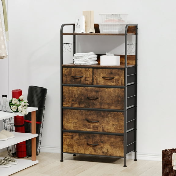 Tall Dresser for Bedroom, Vertical Dresser with 5 Fabric Drawers and 2-Tier Open Shelves, Chest of Drawers with Hanging Racks for Living Room, Small Space, Rustic Brown