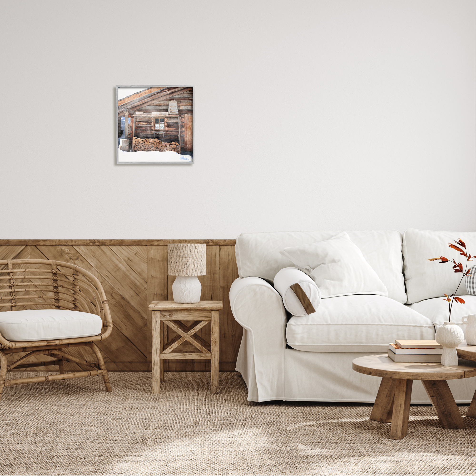Stupell Industries Lumber at Winter Cabin Travel & Places Painting Gray Framed Art Print Wall Art, 17 x 17