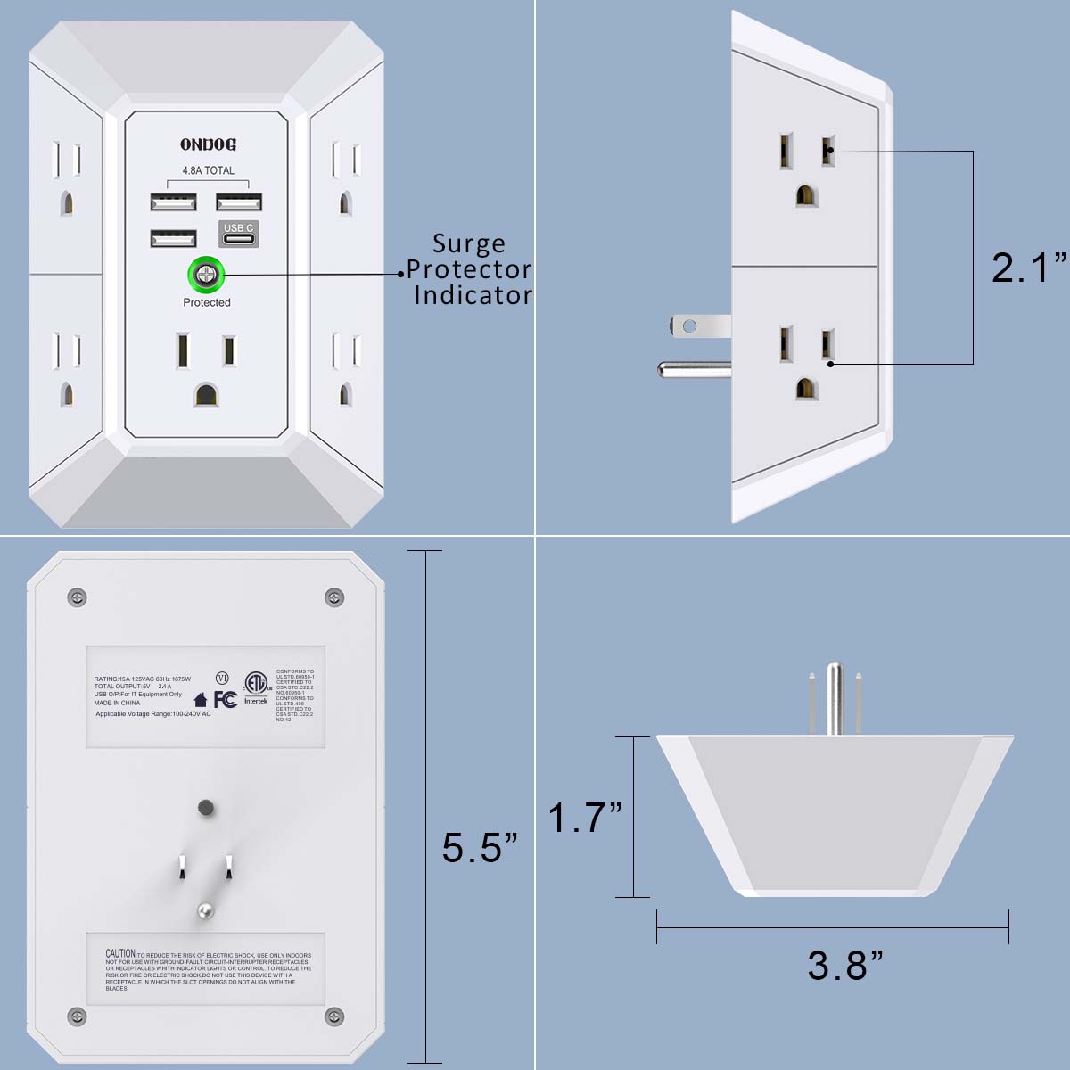 Ondog 5-Outlet Surge Protector with 4 USB Ports photo 7