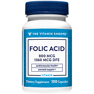 The Vitamin Shoppe Folic Acid 800MCG, Supports Prenatal  Fetal Development (100 Capsules)