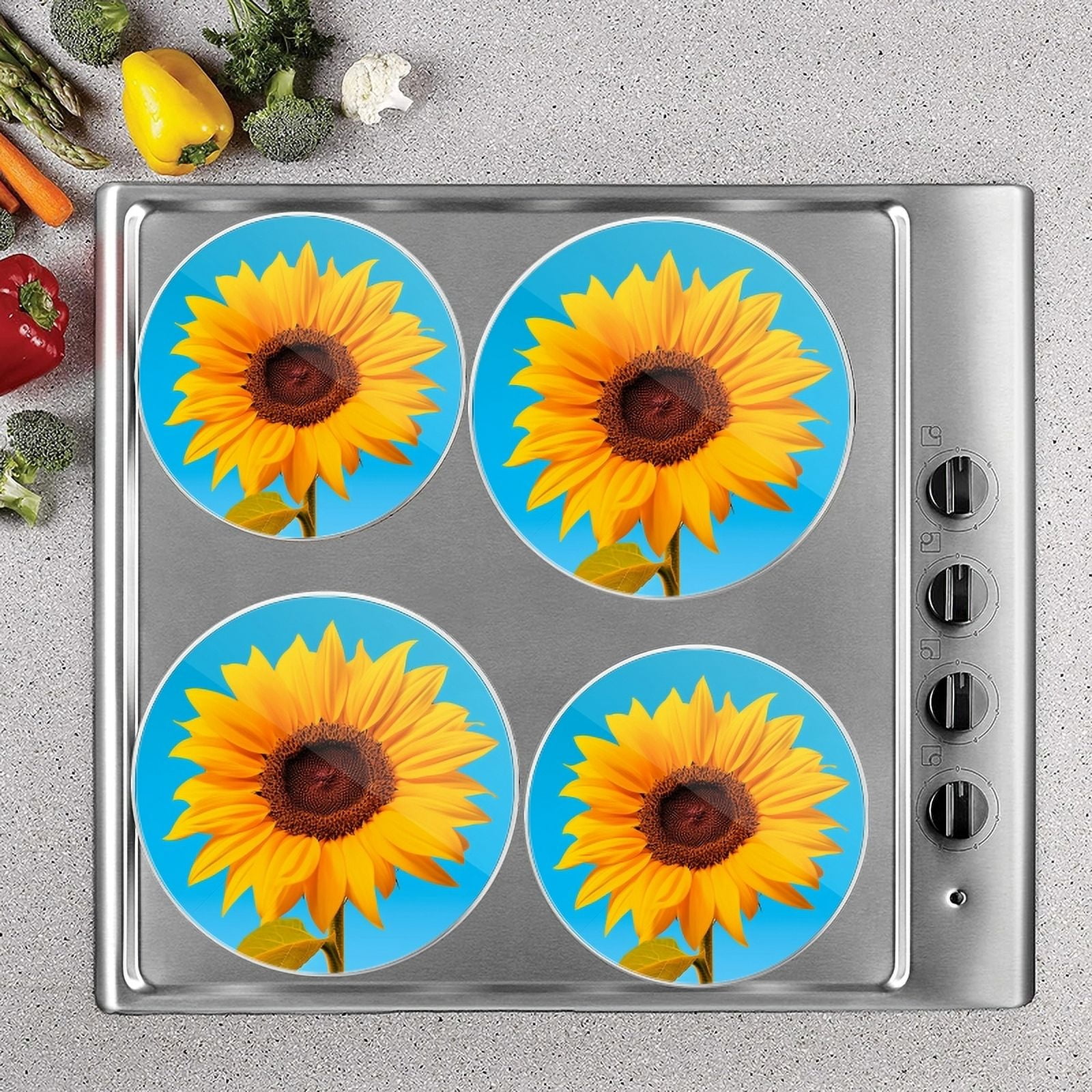 BaHomeck Electric Stove Burner Covers Set of 4,Round Metal Gas Stove Burner Covers 8 Inch and 10 Inch,Kitchen Decor,Vibrant Sunflower Against The Clear Blue Sky