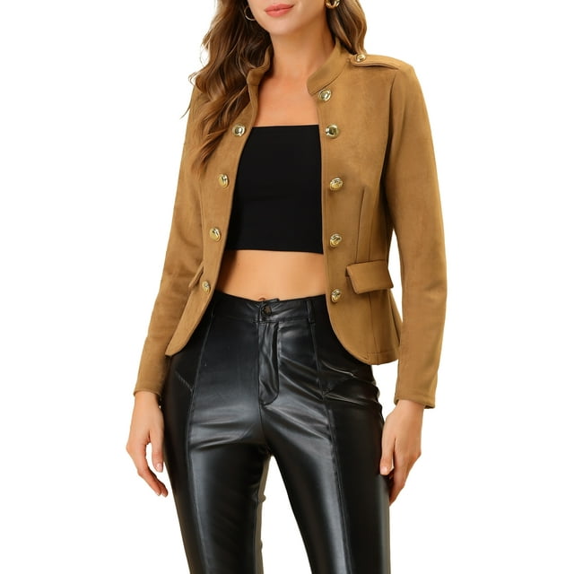 INSPIRE CHIC Women's Faux Suede Open Front Long Sleeve Button Decor Steampunk Jacket L Brown