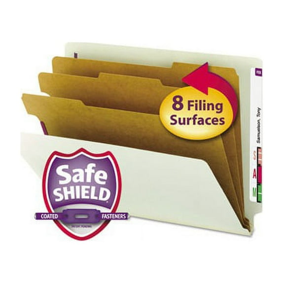 End Tab Pressboard Classification Folders with SafeSHIELD Coated Fasteners 3 Dividers, Letter Size, Gray-Green, 10/Box