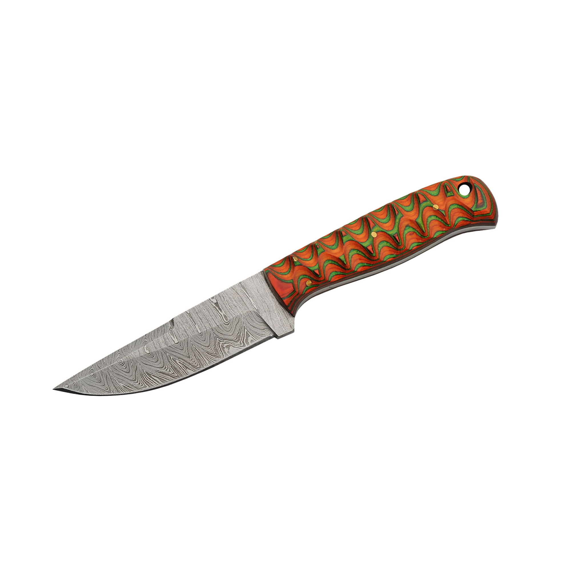 SANZ 8 Inch Exotic Hunter Knife Damascus Steel Blade Full Tang Grooved Wood Handle Lanyard Hole Leather Sheath Outdoor Fixed Blade