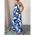 thumbnail image 6 of Women Leaf Print Spaghetti Strap Square Neck A-Line Maxi Dress Blue S, 6 of 9