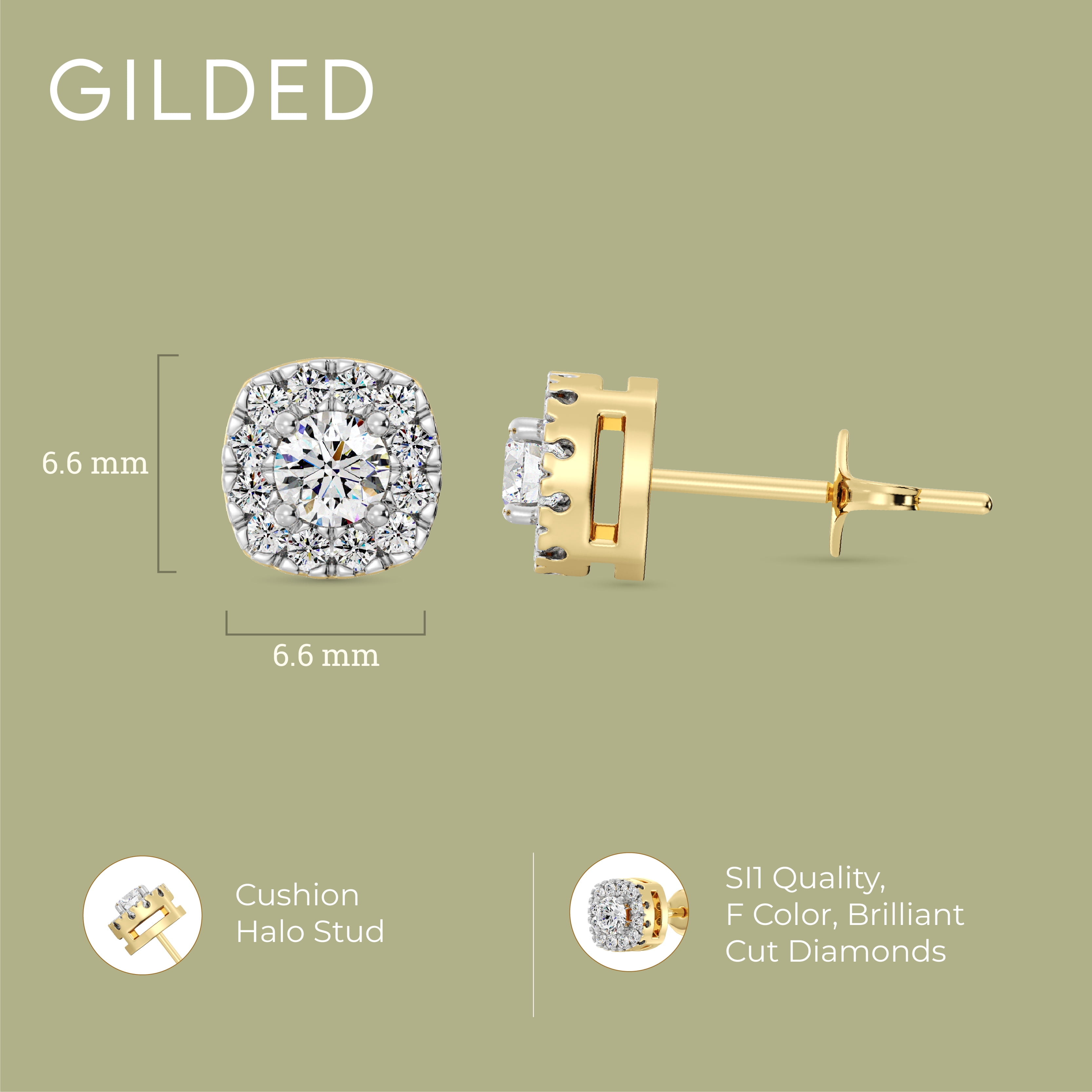 Gilded 1/2 Carat Total Weight Lab-Grown Diamond 14KT Yellow Gold Plated Silver Stud Earrings for Women, Cushion Halo Studs Hypoallergenic Fine Jewelry, Prong Setting Push Back Nut SI1 Clarity F Color