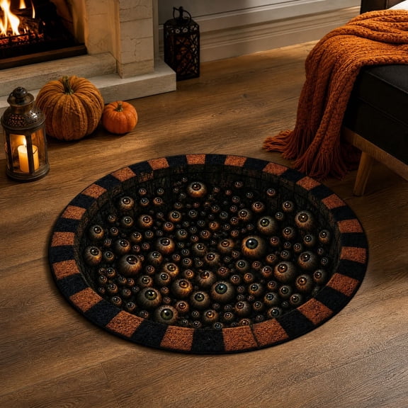 sruoe Halloween Creepy Visual Effect Round Floor Rug, Ghost Printed Polyester Doormat, Halloween Room Decor for Indoor Home Layout, Holiday Party