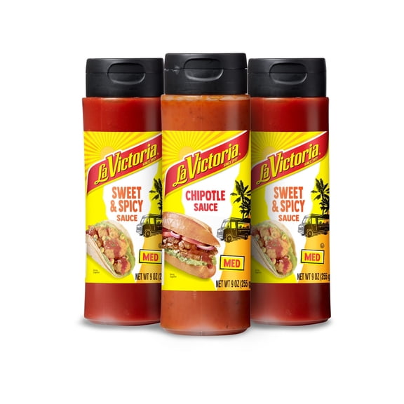 LA VICTORIA Squeeze Sweet and Smoky Variety Pack, Sweet & Spicy Sauce Medium 2 Count, Chipotle Sauce Medium 1 Count, 9oz, 3 Count