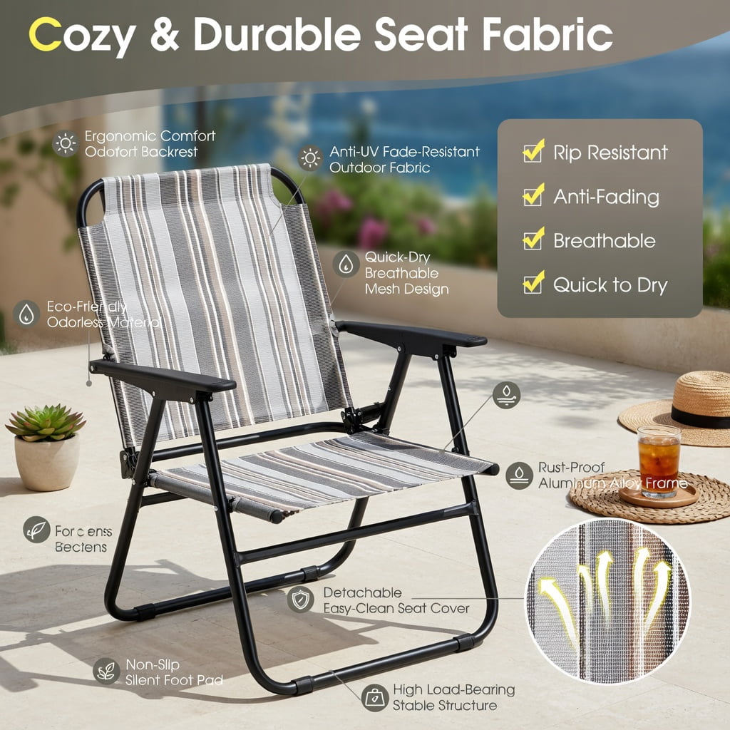 Hommoo 2-Pack Folding Patio Sling Chairs, Space-Saving Outdoor Dining Chairs, No Assembly Required, Gray