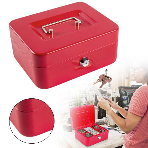 Lockable Storage Box Cozival Metal Lockable Storage Box with Tray & Key - Portable Money Box & Organizer for Small Business, Home Security & Valuables Protection, Metal Money Box, Red