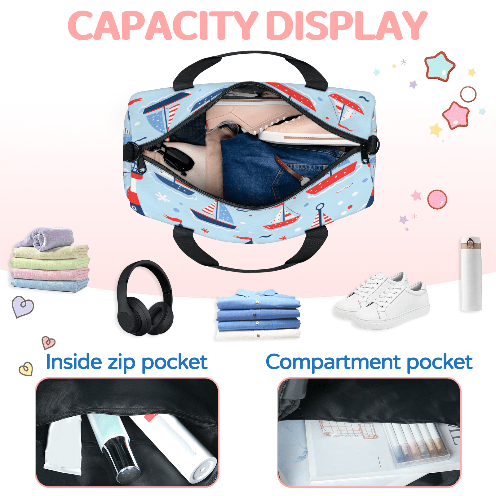 Herdesigns Nautical Sailboat Gym Bag for Women, Duffle Bag for Travel Sport, Ocean Fish Lightweight Waterproof Carry on Weekender Dance Yoga Workout Bags