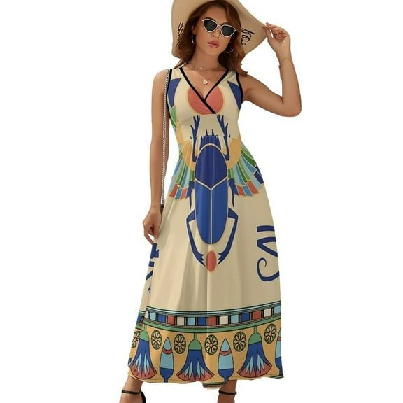 Egyptian Scarab Print Womens Night Club Maxi Dress V Neck Sleeveless Bohemia Long Dresses