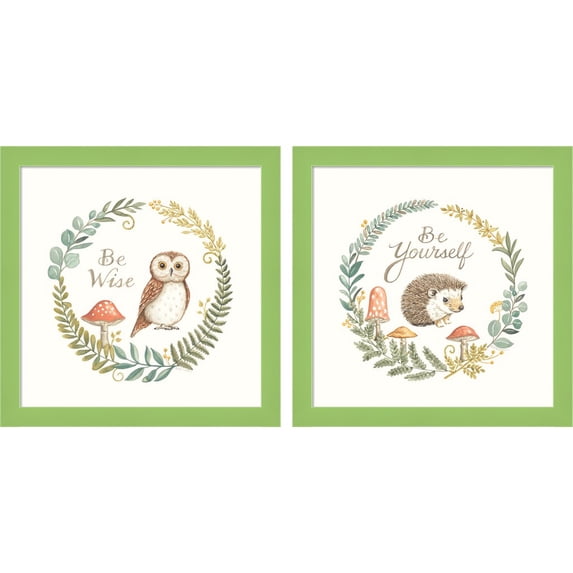Great Art Now Be Wise Owl & Be Yourself Hedgehog by Deb Strain, 2 Piece Framed Art Set Each 14"W x 14"H