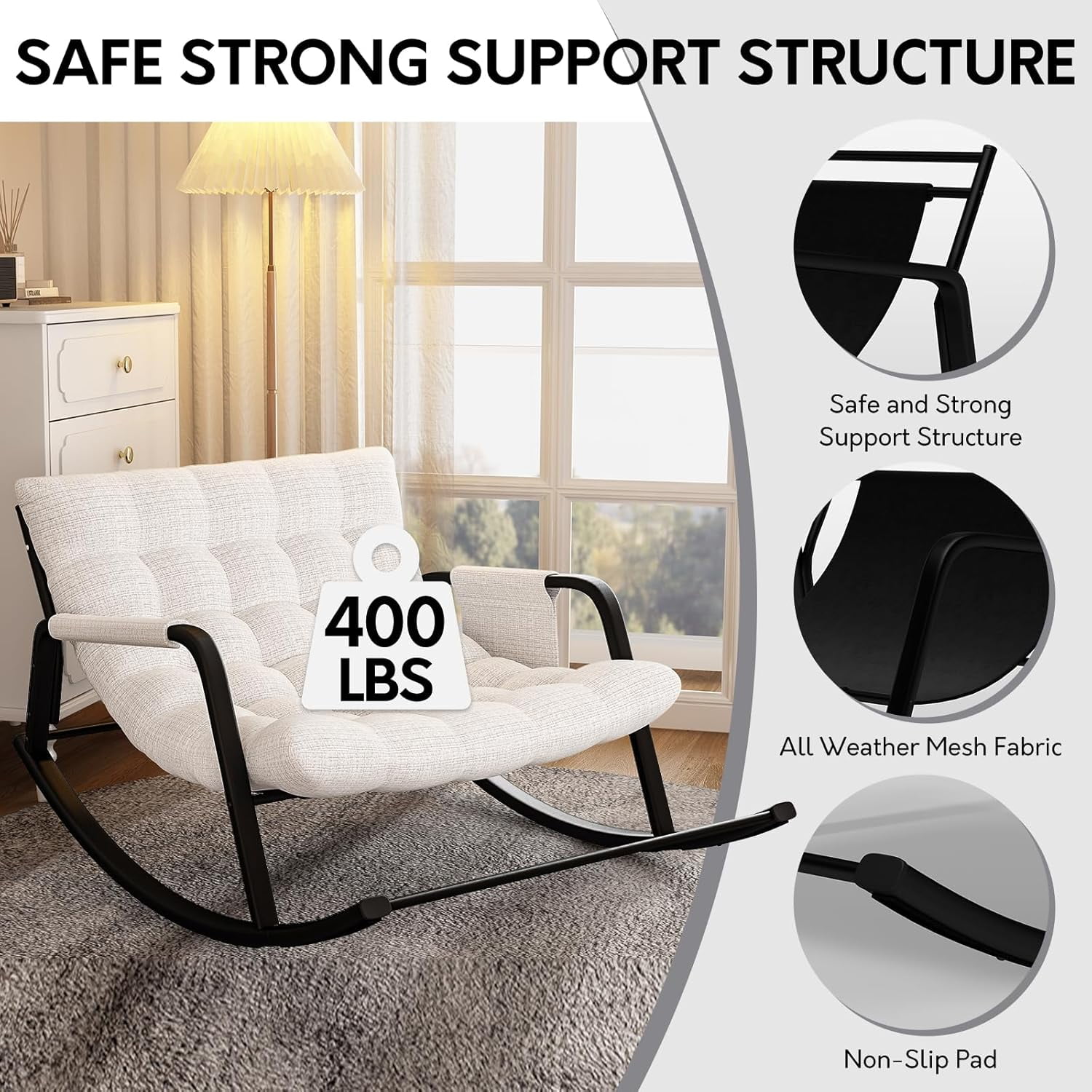 HomeZeer Indoor Rocking Chair with Cushion, Modern Grand Papasan Rocker Chairs, Oversize Papasan Recliner Chair for Living Room, Bedroom, Study Room, Beige