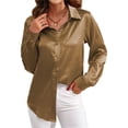 thumbnail image 2 of Blusas de Satén para Mujer, Camisas de Seda con Botones, Blusas Informales de Larga para Negocios Caqui S, 2 of 7
