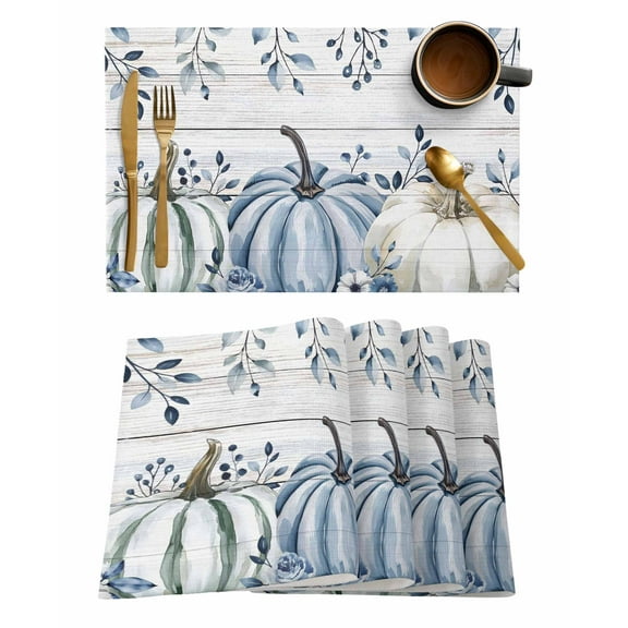 Thanksgiving Blue Pumpkin Placemats Set of 2 Fall Eucalyptus Leaf Wood Grain Heat Insulation Washable Place Mats, Rustic Non-Slip Table Mats for Dining Table Party Kitchen Decor,13x19 Inch